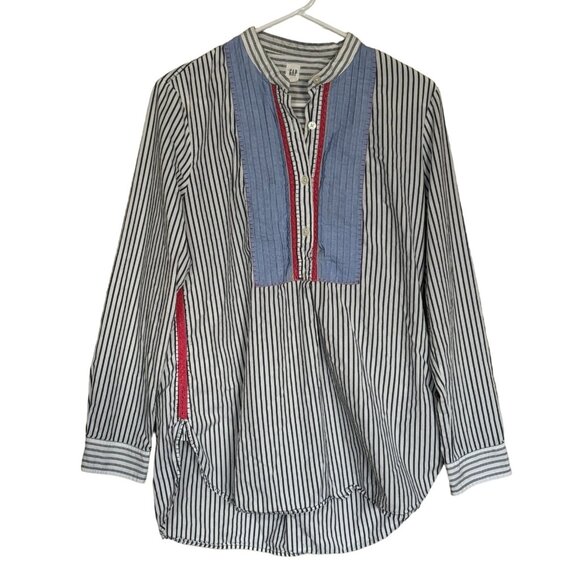 GAP Women’s White Blue Striped Cotton Crochet Popover Shirt Tunic Top MEDIUM/ L2 - Picture 2 of 8